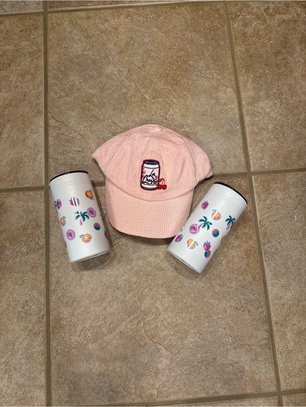 Pink La Croix Corduroy Hat with Cherry Can Patch and Alani Tumblers
